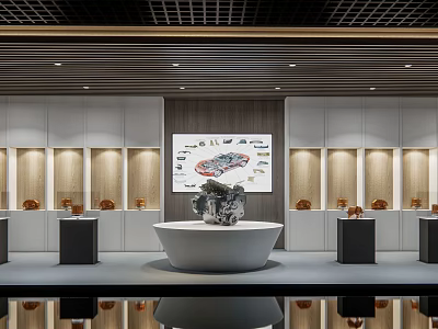 Modern Exhibition Hall Interior With White Display Cabinets Large Screen Circular Platform And Mechanical Device 3d model