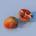 Ripe Whole Pomegranate and Cut Open Half Displaying Juicy Red Seeds