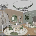 Kindergarten Classroom Interior With Cloud Decor Bookshelves Circular Windows And Green Plants