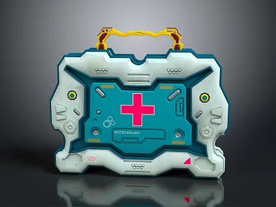 Portable Emergency Medical Device With Red Cross Blue White Design And Yellow Handle 3d model