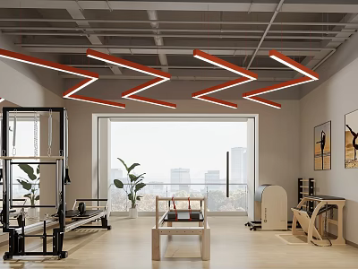 Modern Fitness Gym With Pilates Reformer Treadmill Windows Plants And Orange Strip Lighting Ceiling 3d model