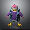 Cartoon Penguin Character With Pink Head Purple Top And Blue Vest Yellow Feet