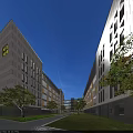 Modern Style School Buildings With Gray Exterior Path And Trees On Both Sides