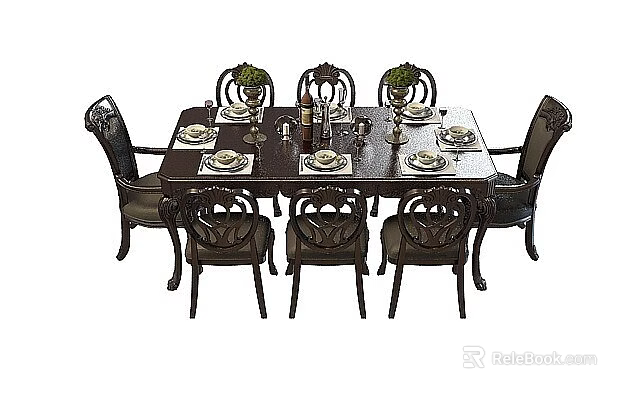 Elegant Dining Table Setup With Eight Chairs Tableware Wine Glasses And Green Plant Decorations 3d model 