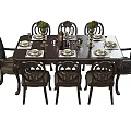 Elegant Dining Table Setup With Eight Chairs Tableware Wine Glasses And Green Plant Decorations