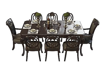 Elegant Dining Table Setup With Eight Chairs Tableware Wine Glasses And Green Plant Decorations 3d model