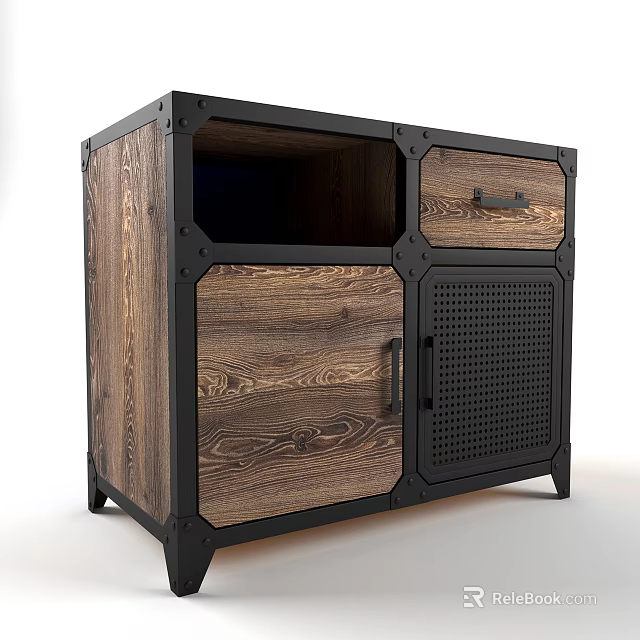 Industrial Wooden Entryway Side Cabinet with Black Metal Frame Open Shelf and Drawer 3d model 
