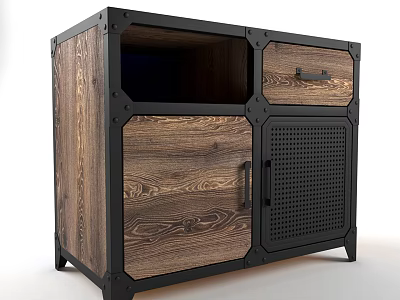 Industrial Wooden Entryway Side Cabinet with Black Metal Frame Open Shelf and Drawer 3d model