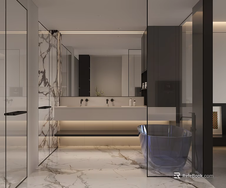 Luxury Modern Bathroom Interior With Marble Floor And Freestanding Bathtub 3d model 