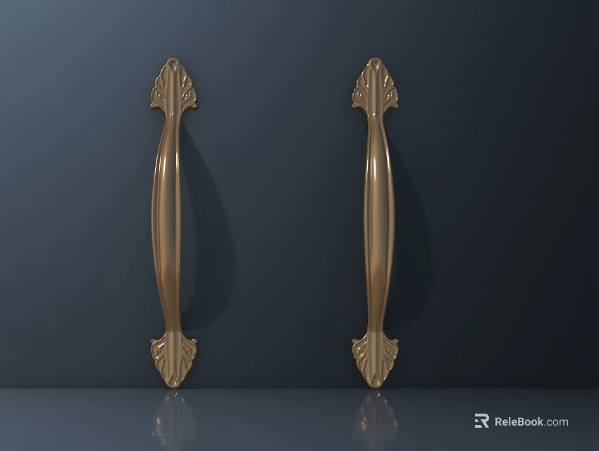 Golden Decorative Metal Door Handles With Intricate Design On Dark Background 3d model 