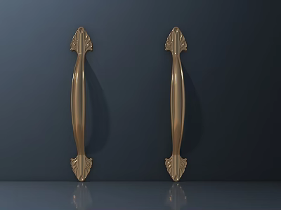 Golden Decorative Metal Door Handles With Intricate Design On Dark Background 3d model