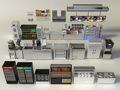 Commercial Kitchen Appliances Collection With Freezers Coffee Machines Display Cases Ovens And Cabinets 3d model