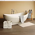 Modern Beige Bathroom Bathtub with Silver Faucet Towel Wooden Stool and Amenity Bottles