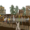 Outdoor Playground With Wooden Structures Slide Climbing Frame And Tree House For Kids Playing