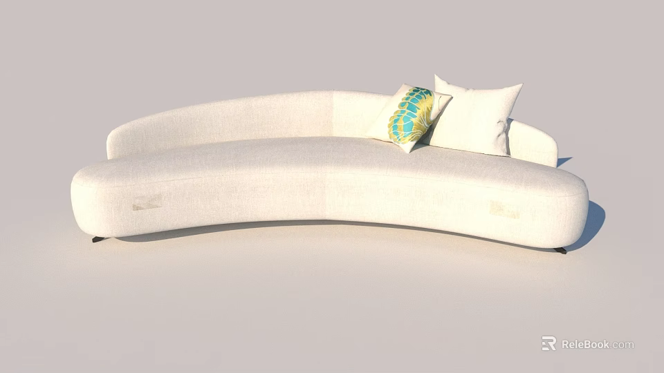 Modern White Curved Multi Person Sofa With Yellow Patterned And White Decorative Pillows 3d model