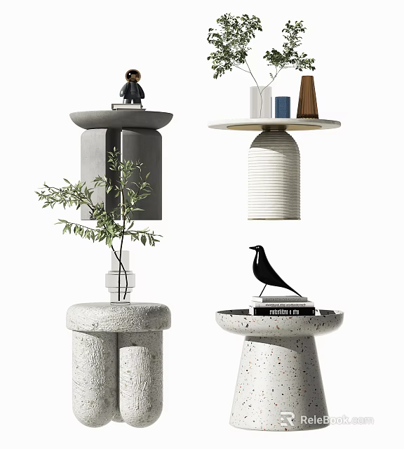 Modern Stone Side Tables With Textured Bases Plant And Bird Decor 3d model 