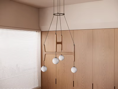 Modern Chandelier With White Spherical Globes Above Wooden Cabinets And Window Blinds 3d model