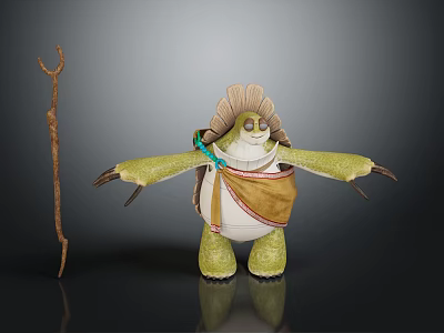 Anthropomorphic Turtle Character With Leaf Adorned Shell Green Limbs Brown Cloth And Wooden Staff Standing Pose 3d model
