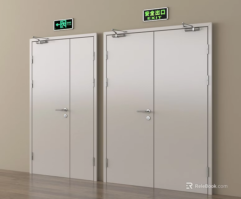 Silver Safety Exit Doors With Green Directional Signs In Building 3d model 