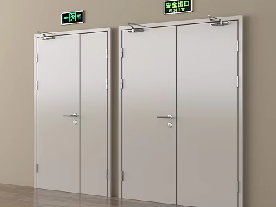 Silver Safety Exit Doors With Green Directional Signs In Building 3d model