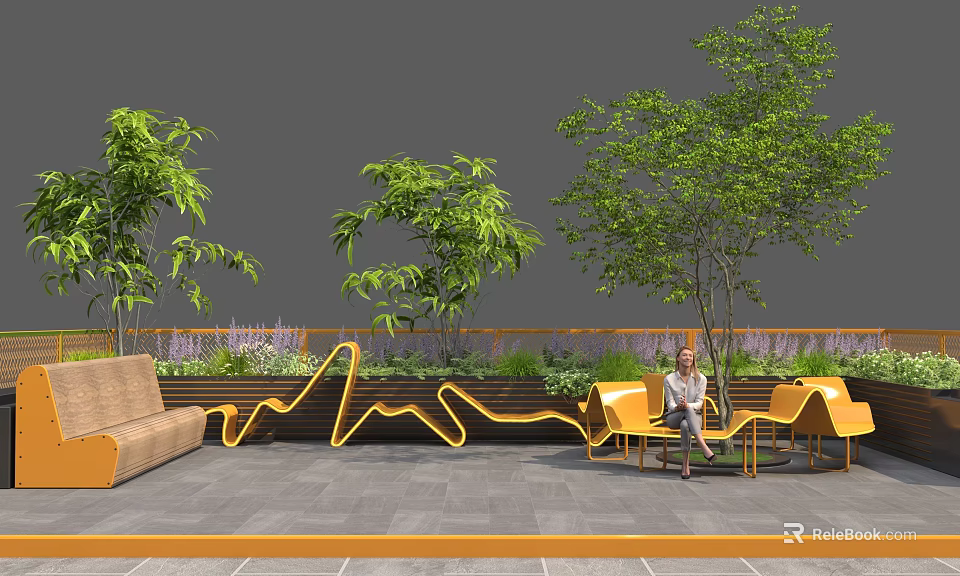 Contemporary Garden Decor With Orange Seating Green Trees Wavy Planters And Stone Paving 3d model 
