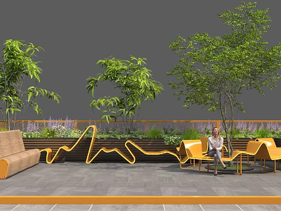 Contemporary Garden Decor With Orange Seating Green Trees Wavy Planters And Stone Paving 3d model