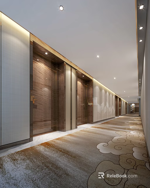 Modern Hotel Corridor Interior With Wooden Walls Elevators Ceiling Lighting And Patterned Carpet 3d model 