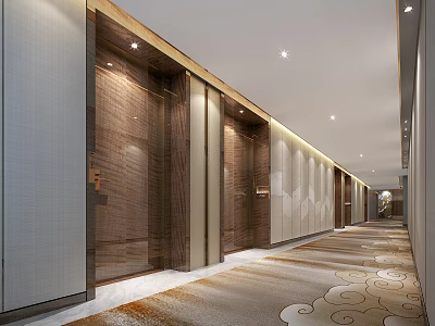 Modern Hotel Corridor Interior With Wooden Walls Elevators Ceiling Lighting And Patterned Carpet 3d model