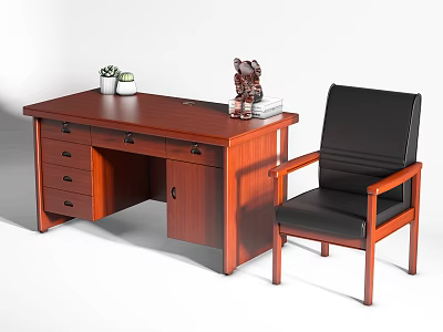 Brown Wooden Office Desk with Two Small Green Plants Sculpture Books and Black Leather Chair 3d model