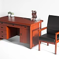 Brown Wooden Office Desk with Two Small Green Plants Sculpture Books and Black Leather Chair