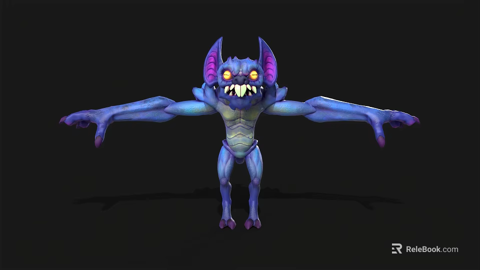 Purple Blue Fantasy Creature With Bat Ears Large Eyes Sharp Fangs Outstretched Arms 3d model 