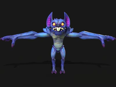 Purple Blue Fantasy Creature With Bat Ears Large Eyes Sharp Fangs Outstretched Arms 3d model