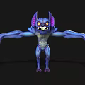 Purple Blue Fantasy Creature With Bat Ears Large Eyes Sharp Fangs Outstretched Arms