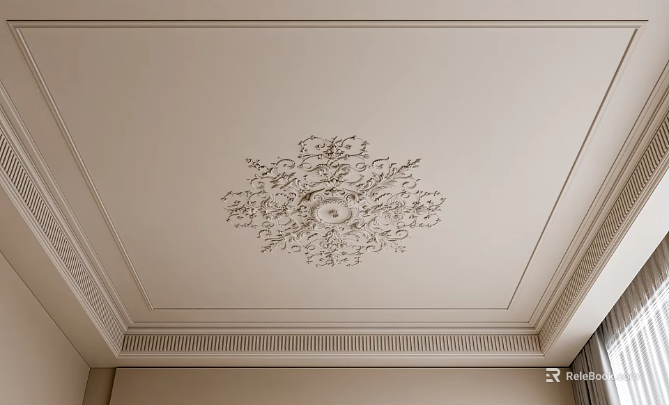 Elegant Ceiling Design With Ornate Central Carvings And Decorative Perimeter Molding 3d model 