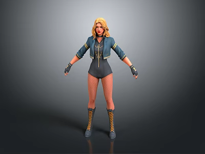 3D Female Character With Blonde Hair Blue Jacket Black Jumpsuit Fishnet Stockings And Brown Boots 3d model