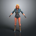 3D Female Character With Blonde Hair Blue Jacket Black Jumpsuit Fishnet Stockings And Brown Boots
