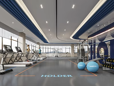 Spacious Modern Fitness Gym Interior With Treadmills Exercise Balls And Holder Logo 3d model
