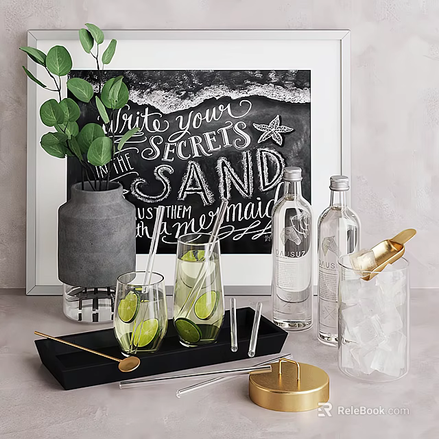 Refreshing Beverage Setup With Lime Glasses Bottles Ice And Tools 3d model