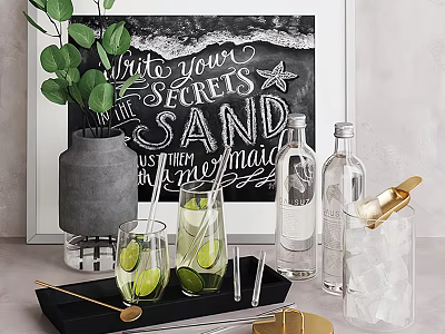 Refreshing Beverage Setup With Lime Glasses Bottles Ice And Tools 3d model