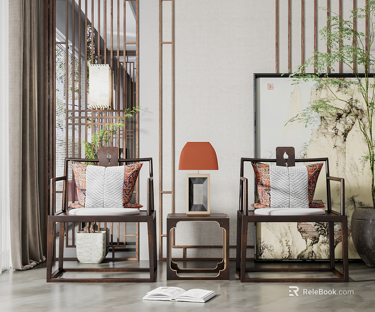 Chinese Style Leisure Sofa Set With Wooden Armchairs Coffee Table Decorative Painting And Green Plants 3d model 