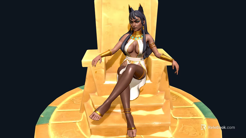 Egyptian Cat Eared Character On Golden Throne With White Gold Outfit And Patterned Base Decorations 3d model 