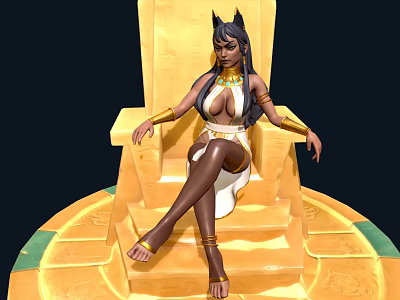 Egyptian Cat Eared Character On Golden Throne With White Gold Outfit And Patterned Base Decorations 3d model