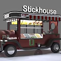 Red Stickhouse Mobile Food Cart With Striped Awning Drink Display And Balloons