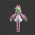 Anime Style Game Character With Cat Ears Long Hair Blue White Kimono And Short Skirt