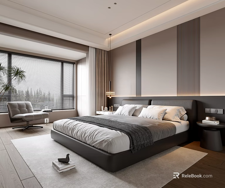 Modern Minimalist Bedroom Interior Design With Bed White Pillows Gray Blanket Window And Armchair 3d model 