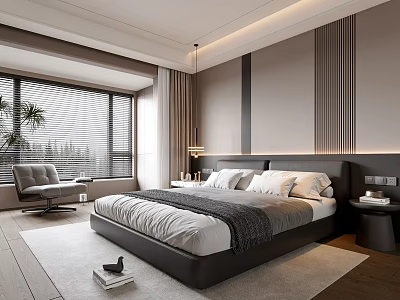 Modern Minimalist Bedroom Interior Design With Bed White Pillows Gray Blanket Window And Armchair 3d model