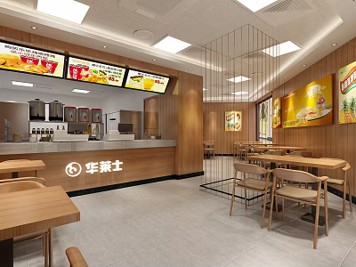 Wallace Restaurant Interior Featuring Wooden Decor Order Counter Tables Chairs And Menu Screens 3d model