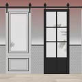 Modern Barn Doors With Sliding Track Featuring Glass Panels And White And Black Frames
