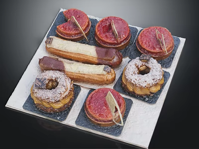 Assorted Delicious Pastries With Chocolate Glaze And Decorative Leaves On Tray 3d model