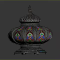 Ornate Silver Filigree Container With Colorful Floral Patterns And Carved Lid